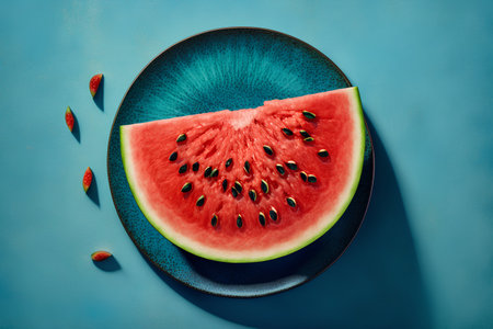 Slice of ripe watermelon on blue plate with seeds on blue backgroundの素材