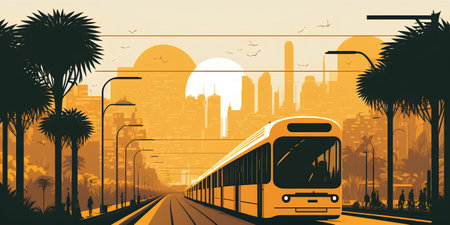 Cityscape with high-speed train. Vector illustration in flat styleの素材