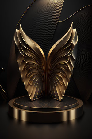 3d render of black background with golden elements, pedestal or podiumの素材