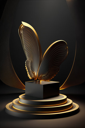 Abstract black background with podium and golden wings. 3d render illustrationの素材
