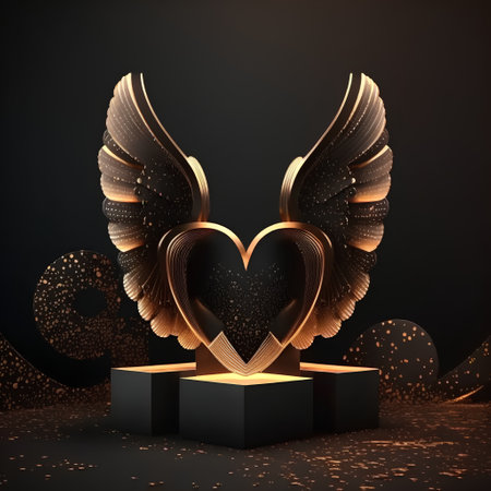 3d render, abstract background for Valentine's Day, 3d podium with golden wingsの素材