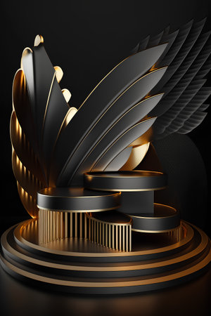 Black and gold podiums on black background. 3d render illustrationの素材