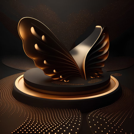 3d render of abstract background with black podium and golden wings.の素材
