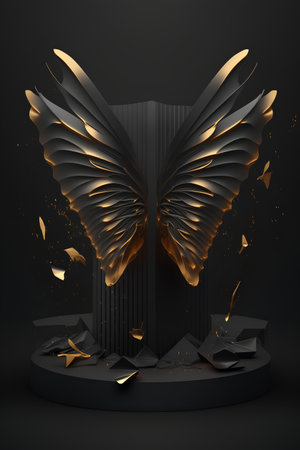 3d render, abstract background, black pedestal with golden wingsの素材