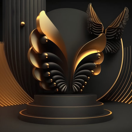 3d render, abstract background, black and gold, luxury podiumの素材