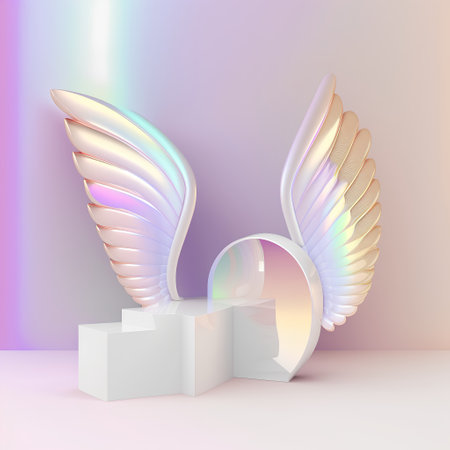 3d render of white podium with angel wings on pink background.の素材