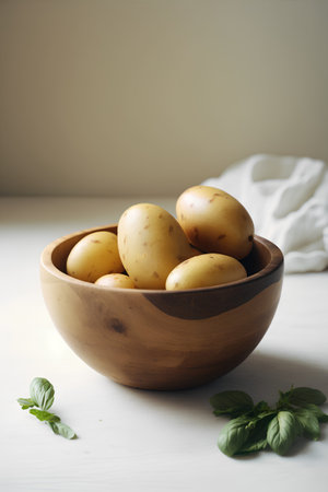 Raw potatoes in a wooden bowl on a white table. Selective focus.の素材