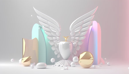 3d render of an abstract background with white wings and a golden trophyの素材