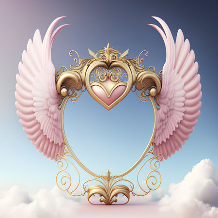 Luxury frame with wings and heart in the sky. 3D renderingの素材