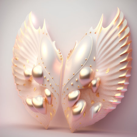 3d illustration of golden wings with hearts and lights on pink backgroundの素材