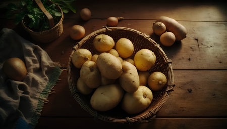 Potatoes in a basket on a wooden background. Selective focus.の素材
