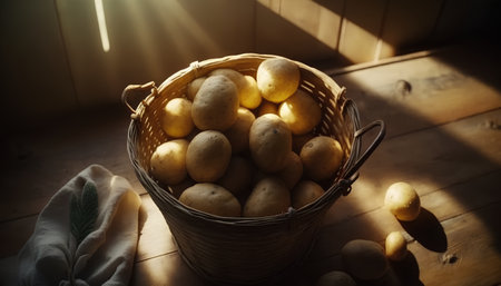 Potatoes in a wicker basket on a wooden table with sun rays.の素材