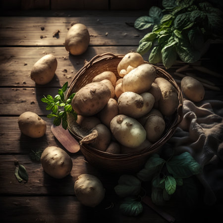 Potatoes in a basket on a wooden table. Selective focus.の素材