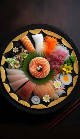 Japanese food. Sashimi and nigiri sushi on a black plateの素材