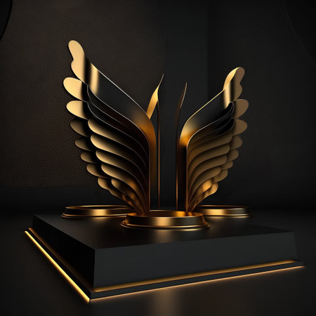 golden pedestal with wings on black background, 3d renderの素材