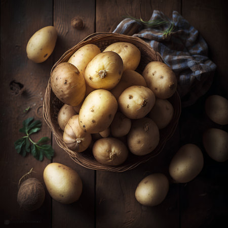 Raw potatoes in a basket on a wooden background. Top view.の素材