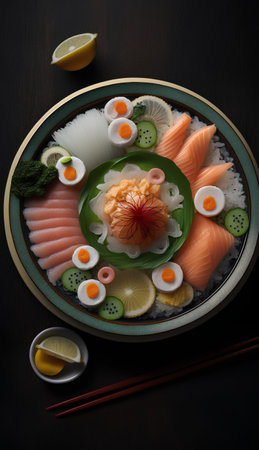 Japanese food, salmon sashimi with rice and vegetables on a dark backgroundの素材