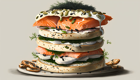 Sandwiches with salmon, cream cheese, cucumber and sesame seeds. 3d illustrationの素材