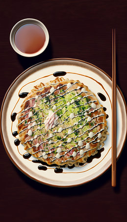 3D rendering of a plate of chinese waffles with chopsticksの素材