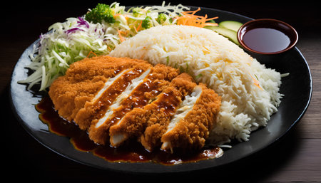 fried pork cutlet with rice and vegetable on black plate, Japanese foodの素材