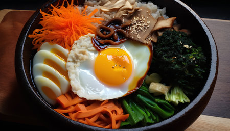 Bibimbap, japanese hot pot with egg and vegetablesの素材