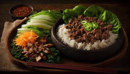 Korean food beef bulgogi with rice, vegetables and sauceの素材