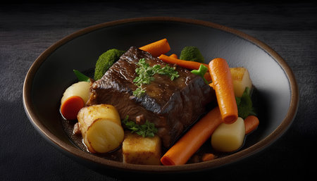 baked beef with potatoes and carrots in a bowl on black backgroundの素材
