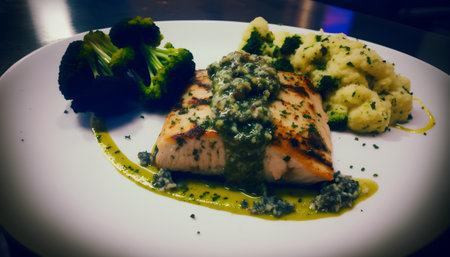 Grilled salmon fillet with mashed potatoes, broccoli and pesto sauceの素材