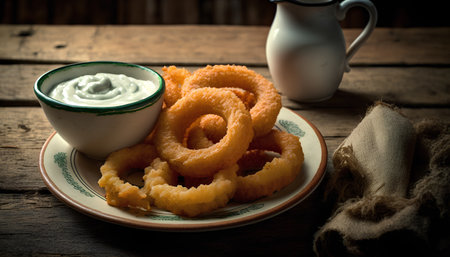 Deep fried onion rings with sour cream and mayonnaise on wooden backgroundの素材