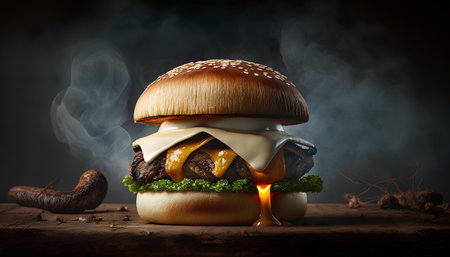 Cheeseburger with smoke on dark background. 3d renderingの素材