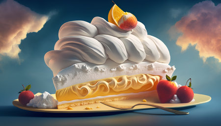 Piece of cake with cream and fruits on a plate. 3d illustrationの素材