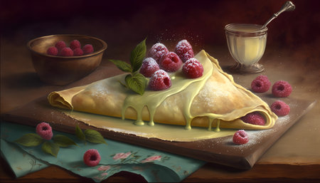 Pancakes with raspberries and cream on a wooden backgroundの素材