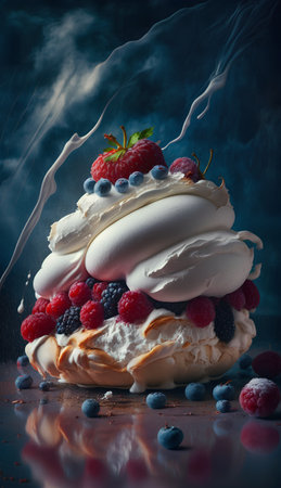 Pavlova cake with whipped cream and fresh berries on a dark backgroundの素材