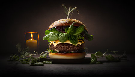 Hamburger with fresh basil and a burning candle on a dark backgroundの素材