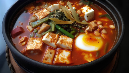 Korean food, miso soup with tofu, vegetables and eggの素材