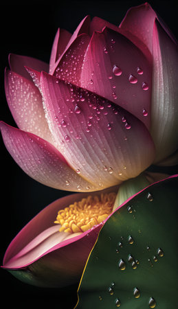 Beautiful pink lotus flower with water drops on black background.の素材