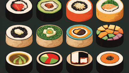 Sushi icon set. Japanese food vector illustration in flat style.の素材
