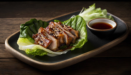 Grilled duck with teriyaki sauce and lettuce on wooden backgroundの素材