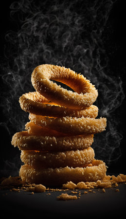 A pile of deep fried onion rings on a black background with smoke.の素材