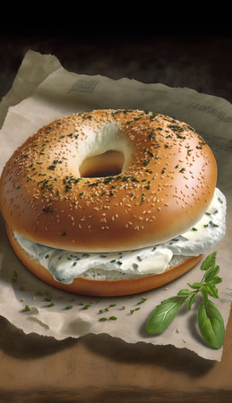 Bagel with cream cheese and herbs on a wooden background.の素材