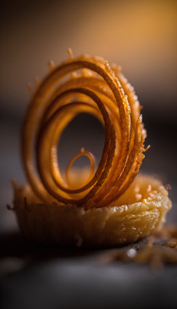 Close up of a sugarcane spiral on a wooden surface.の素材