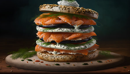 Sandwich with salmon, cream cheese and vegetables on a dark backgroundの素材