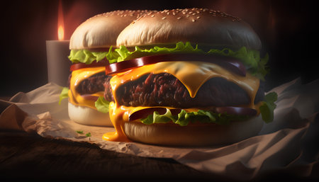 Two cheeseburgers on a wooden table with a burning candleの素材