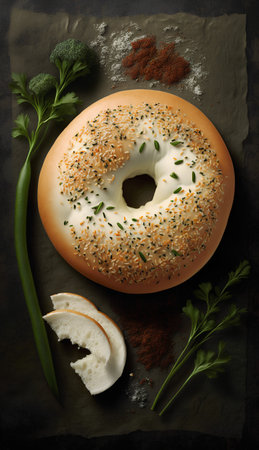 Bagel with sesame seeds and parsley on dark backgroundの素材