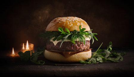 Big hamburger with fresh herbs and candles on dark background. Toned.の素材
