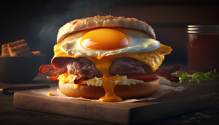 Burger with fried egg and bacon on a wooden board, dark backgroundの素材