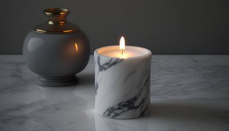 Burning candle on a white marble background. 3d rendering.の素材