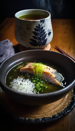 Japanese miso soup with salmon in clay bowl on wooden table.の素材