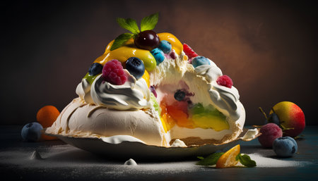 Meringue Pavlova cake with whipped cream and fruits on dark backgroundの素材