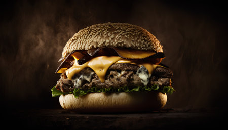 Big tasty cheeseburger with beef patty and melted cheese on dark backgroundの素材